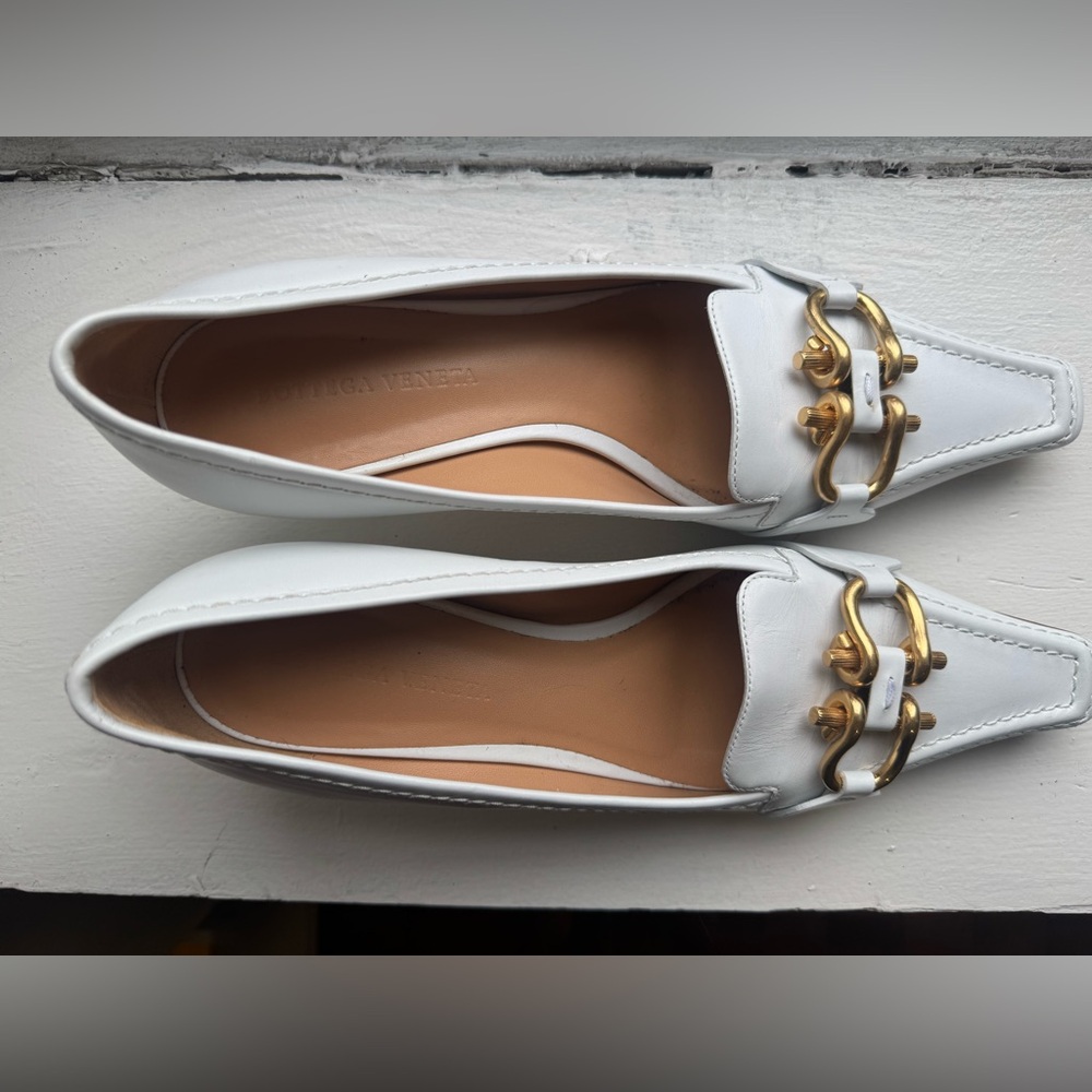 Bottega Veneta White Leather Flats with Gold Accents